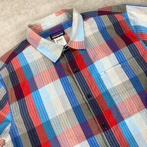 Patagonia Puckerware Shirt Mens Large Blue Red Gray Warm Wear Comfort Button Up